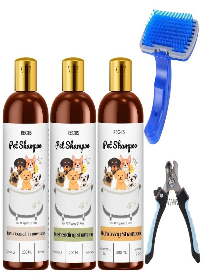 REGIIS Pet Shampoo Set, 3 Bottles with Grooming Brush and Nail Clipper, All-in-One Wash, Deshedding, Itch Relief Formula for Dogs, 200ml Each - Image 1